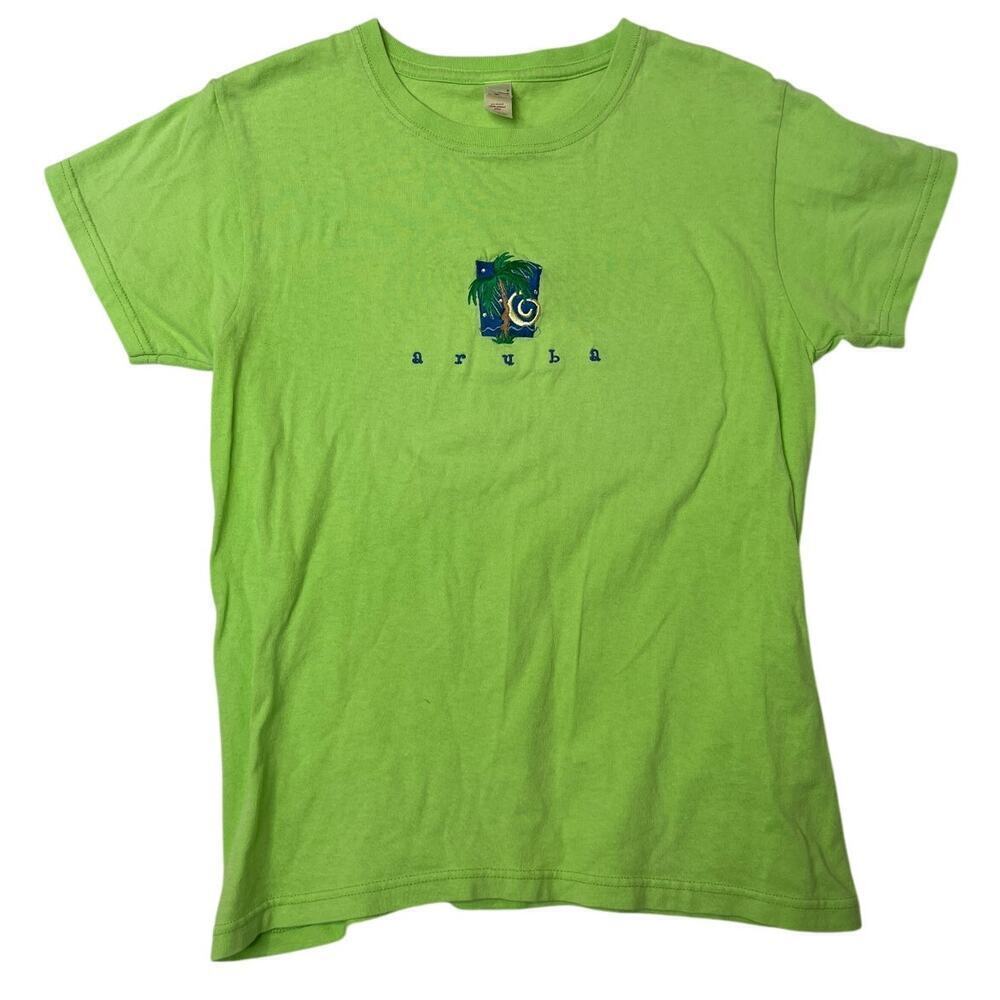 VTG Anvil Aruba Travel Baby Tee Sparkle Embroidered Souvenir Green Tropical sz S - Picture 2 of 5